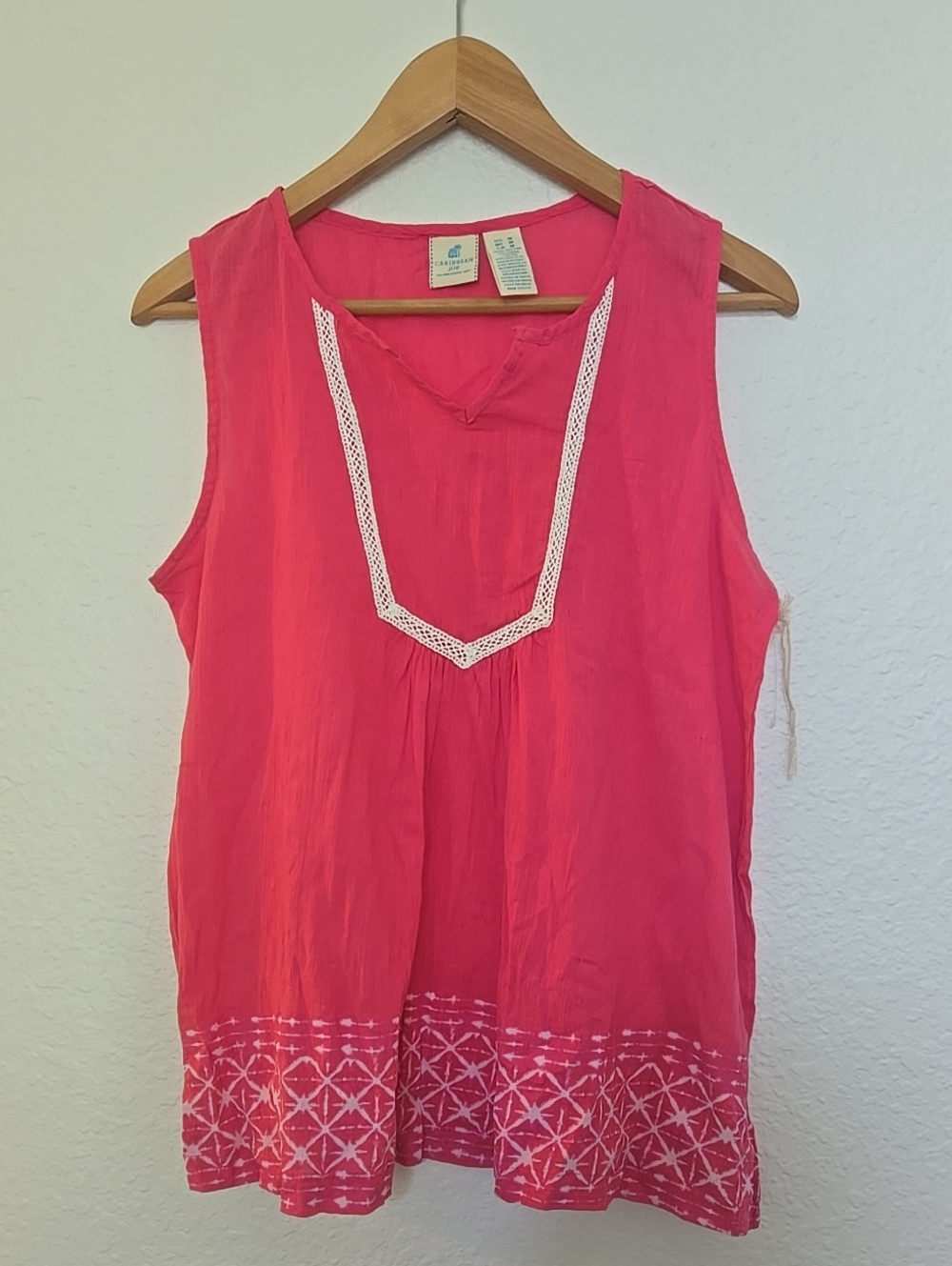 Caribbean Joe M Cotton Pink Sleeveless Tank Top with Crochet Trim